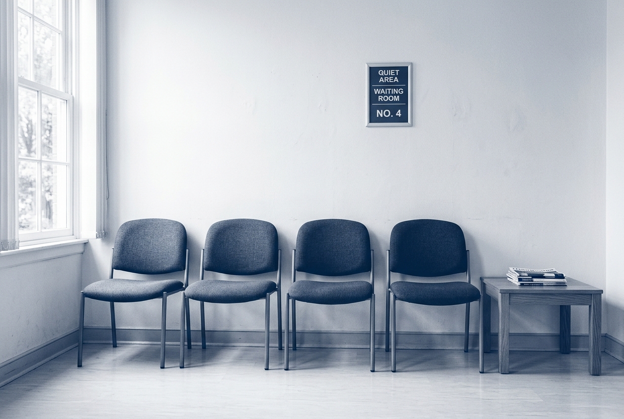Sala de espera con sillas tapizadas en tono azul