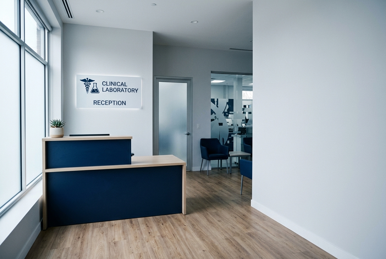 Recepción del laboratorio con escritorio minimalista y luz cenital