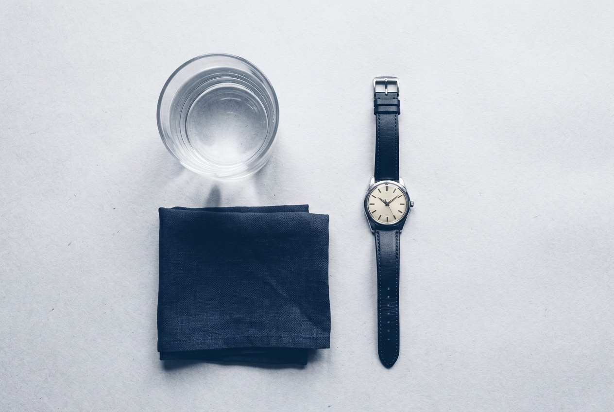 Naturaleza muerta editorial: vaso de agua, servilleta doblada y reloj sobre fondo papel